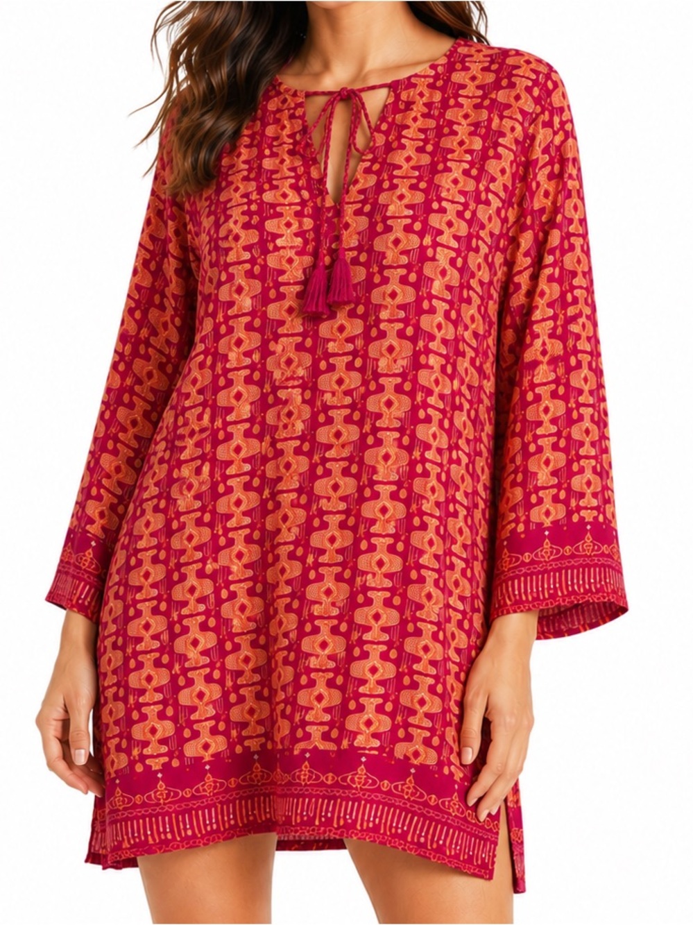 Rock Flower Paper Geometric Print Tunic Top Swim Cover Up Tassels Boho Beachy S